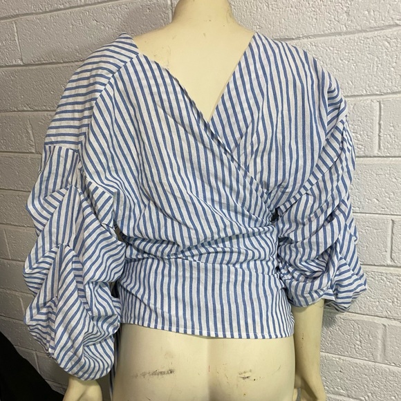 Bubble Sleeve Wrap Around Voluminous Puff Blue Pinstripe Statement Piece Blouse - Picture 5 of 6
